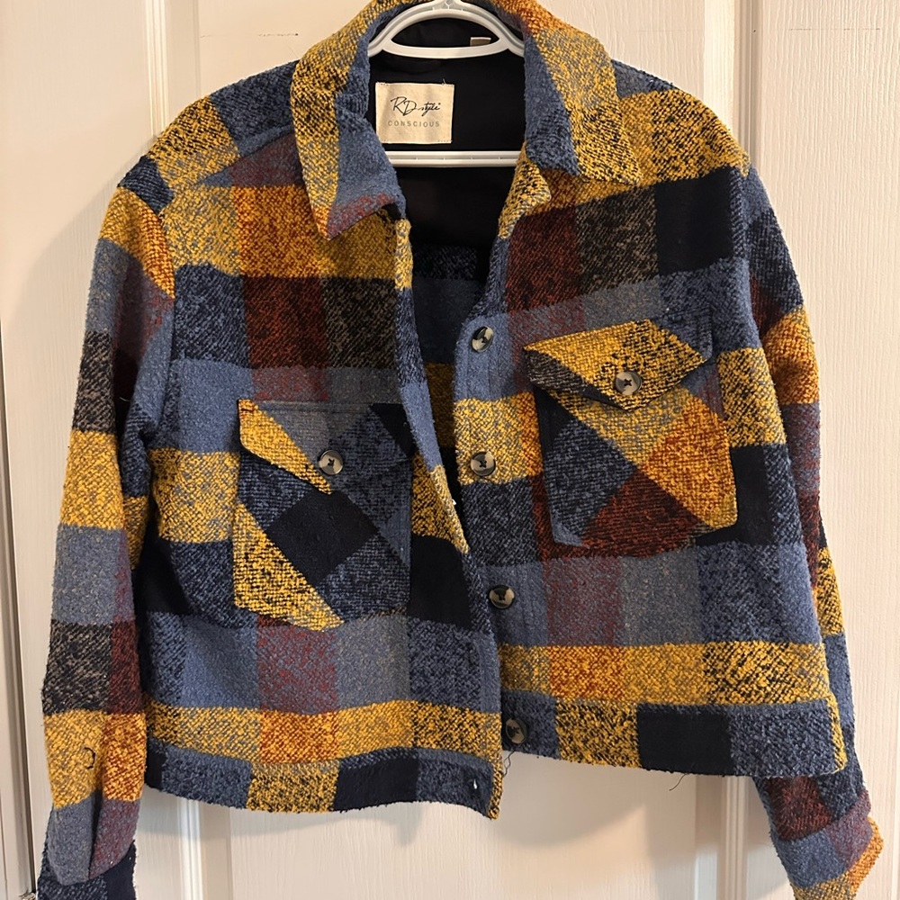 RD Style Plaid Shacket Jacket in Blue, Mustard & Brown
